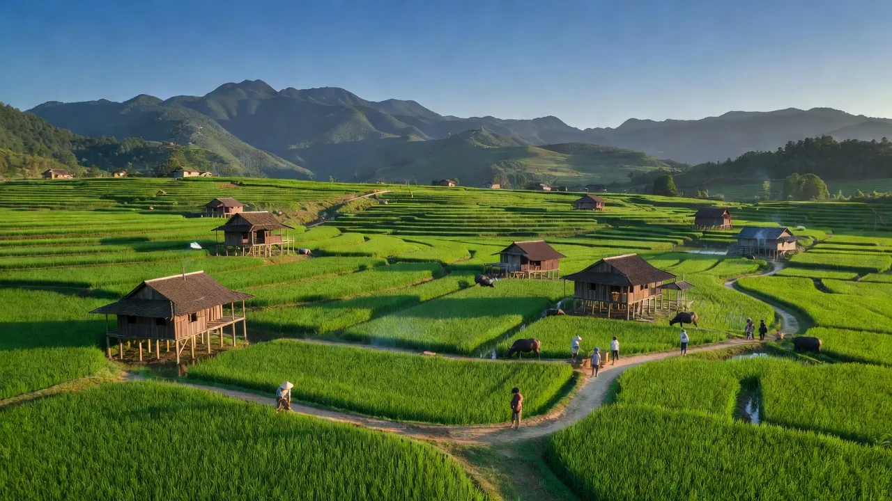 Khung cảnh xã Tân Thượng, huyện Văn Bàn với ruộng xanh và nhà truyền thống, Lào Cai.