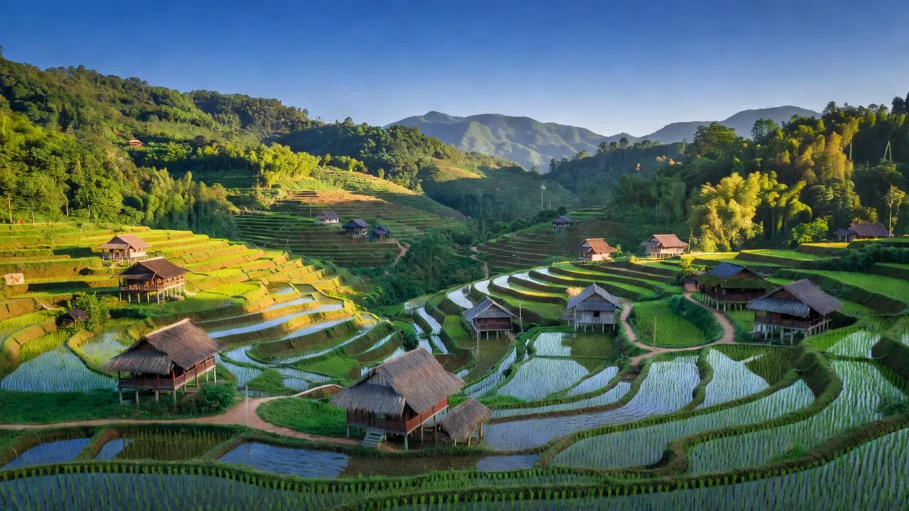 Toàn cảnh xã Tân Thượng với ruộng bậc thang, nhà cửa truyền thống và bầu trời xanh rõ ràng.