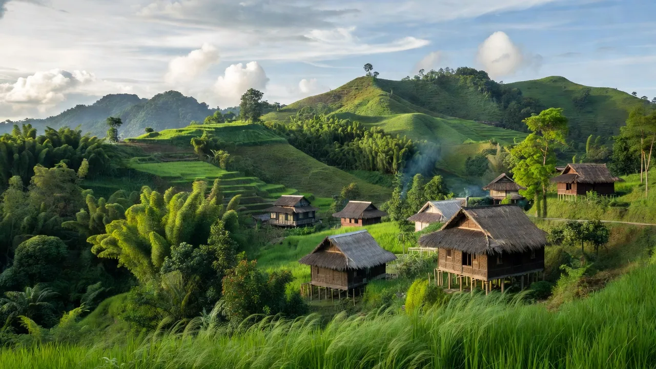Khung cảnh thôn Thẩm Dương, huyện Văn Bàn, tỉnh Lào Cai với đồi núi xanh tươi và không khí trong lành.