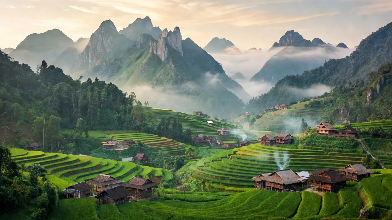 Phong cảnh tỉnh Lào Cai với núi non, ruộng bậc thang và bản làng truyền thống, khung cảnh tự nhiên tuyệt đẹp.