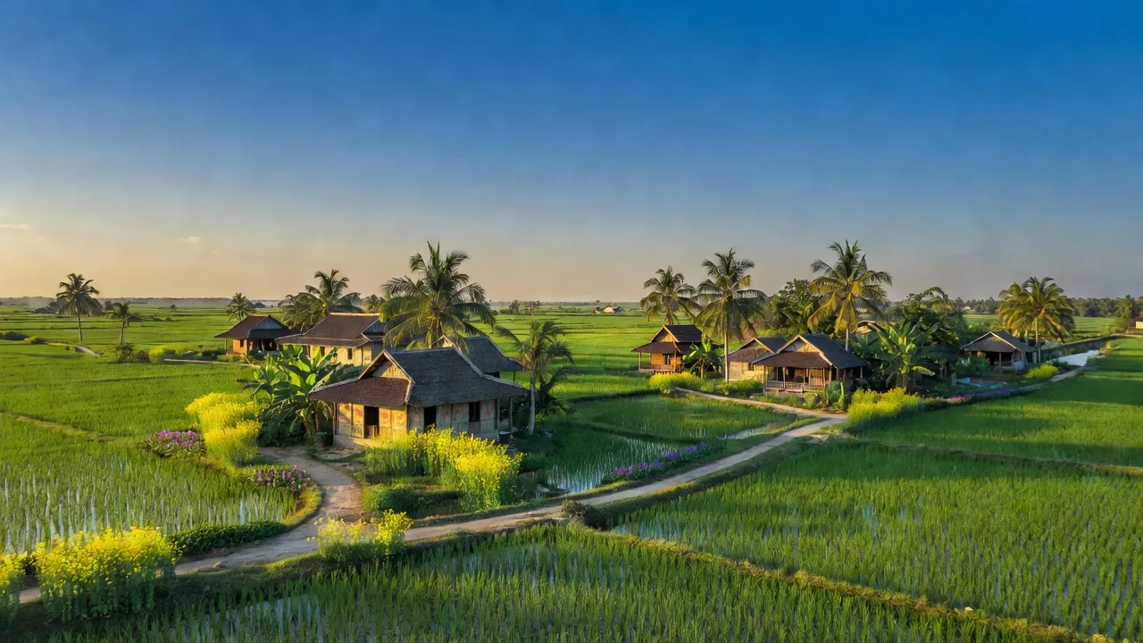 Bến Lức, Long An district landscape with green fields and traditional houses, highlighting its strategic location.