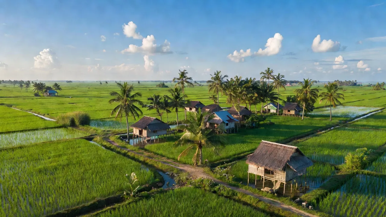 Quang cảnh huyện Bến Lức, Long An với cánh đồng xanh tươi và nhà truyền thống, đặc trưng miền Tây.