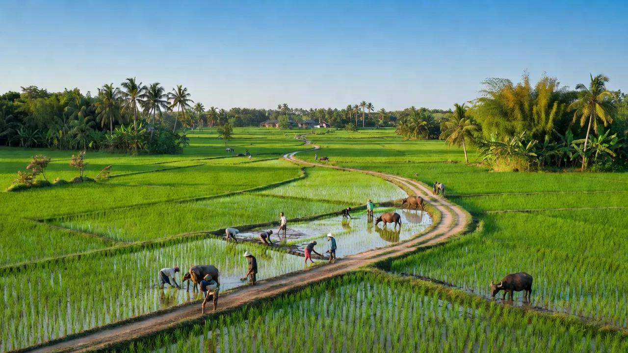 Cảnh đẹp xã An Thạnh, huyện Bến Lức, tỉnh Long An với cánh đồng xanh và bầu trời trong xanh.
