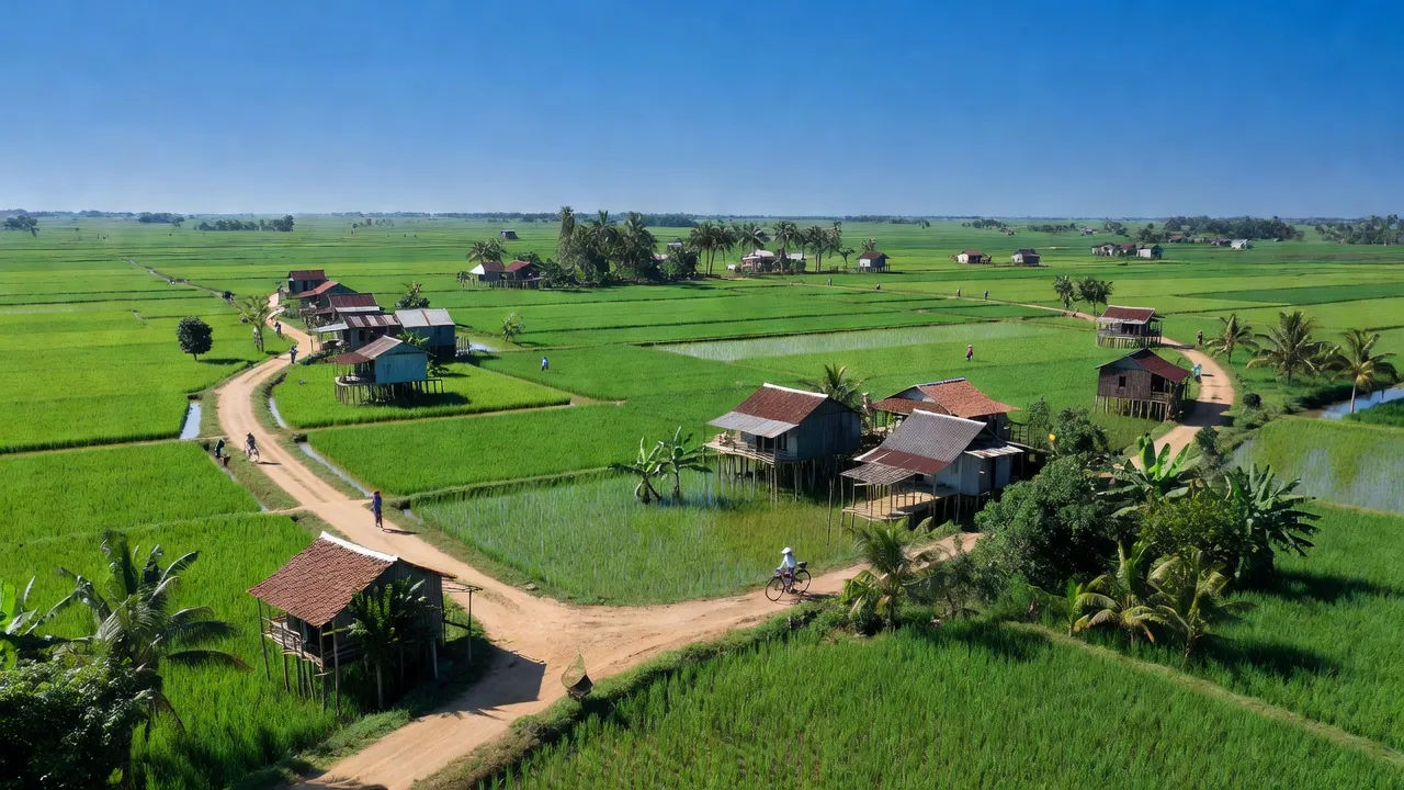 Cảnh đồng lúa Xã Long Hiệp, huyện Bến Lức, với nhà cửa và bầu trời xanh rõ nét.