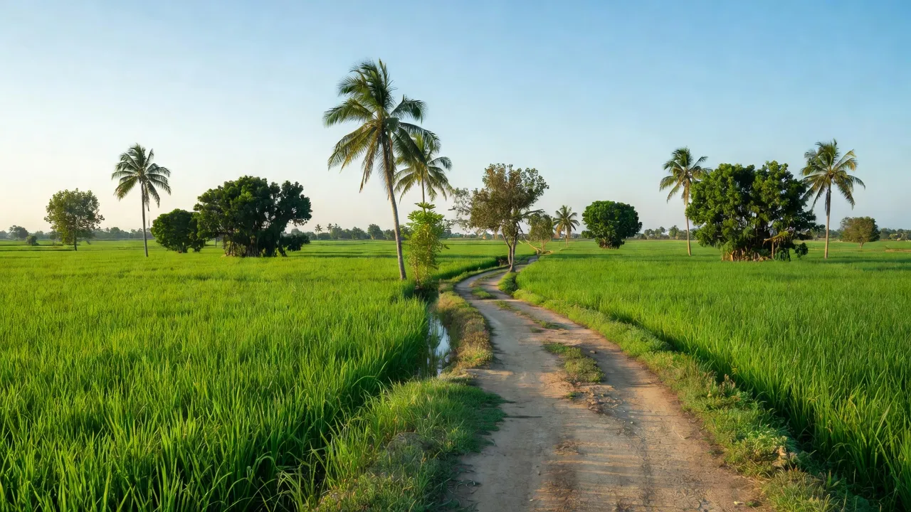 Cảnh sắc nông thôn ở xã Lương Bình, huyện Bến Lức, tỉnh Long An với cánh đồng xanh tươi.
