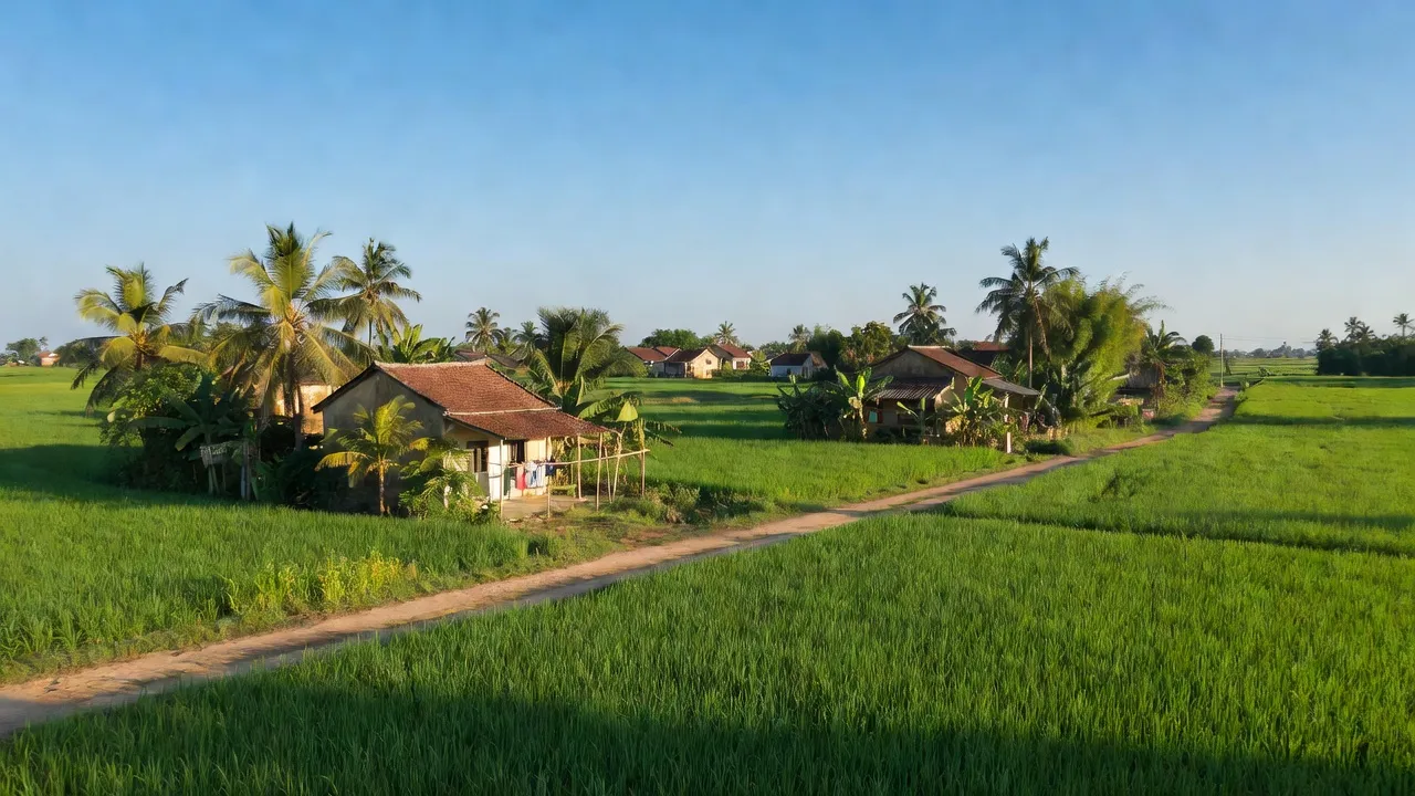 Cảnh nông thôn Xã Phước Lợi, Bến Lức, Long An với cánh đồng xanh và đường giao thông