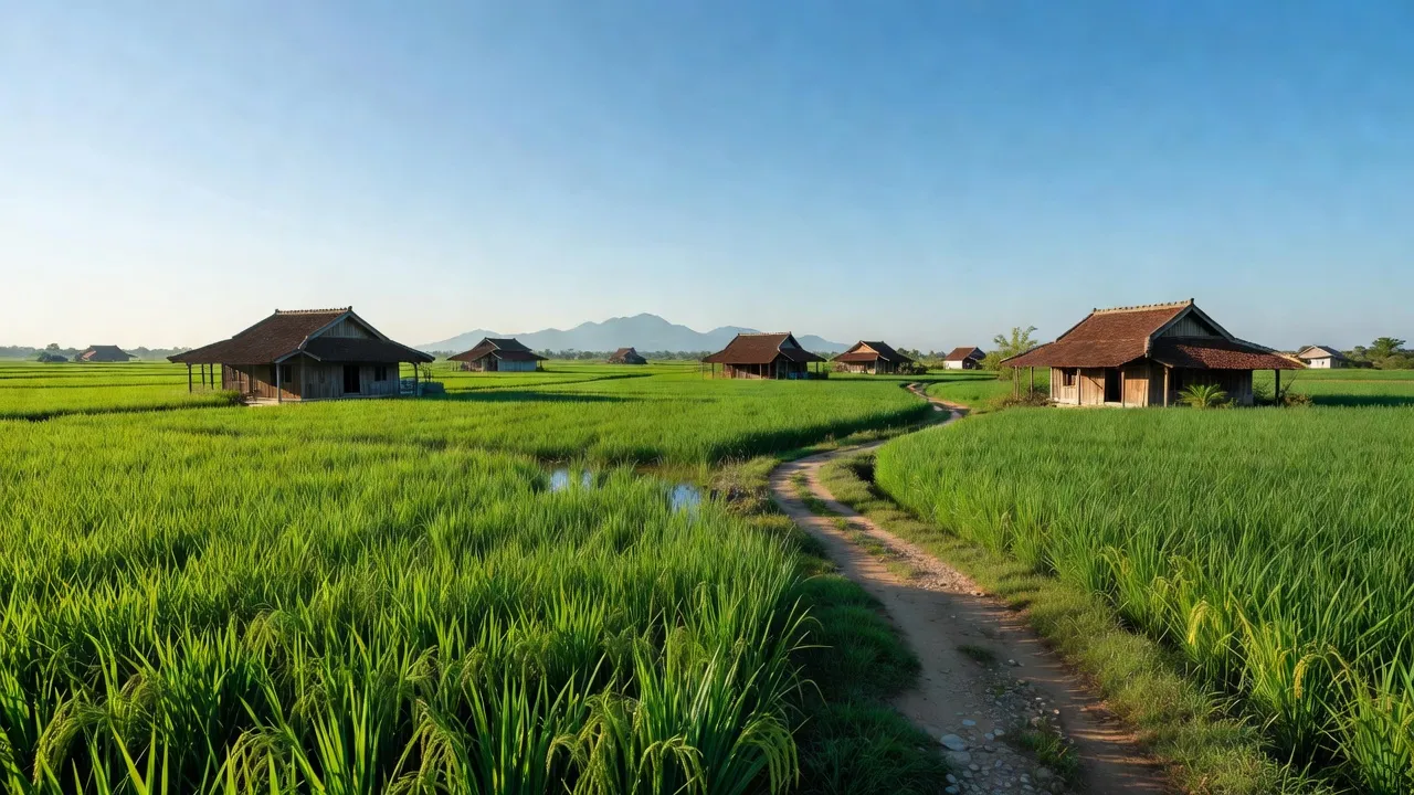 Khung cảnh nông thôn xã Phước Lợi, huyện Bến Lức, tỉnh Long An với cánh đồng xanh tươi.