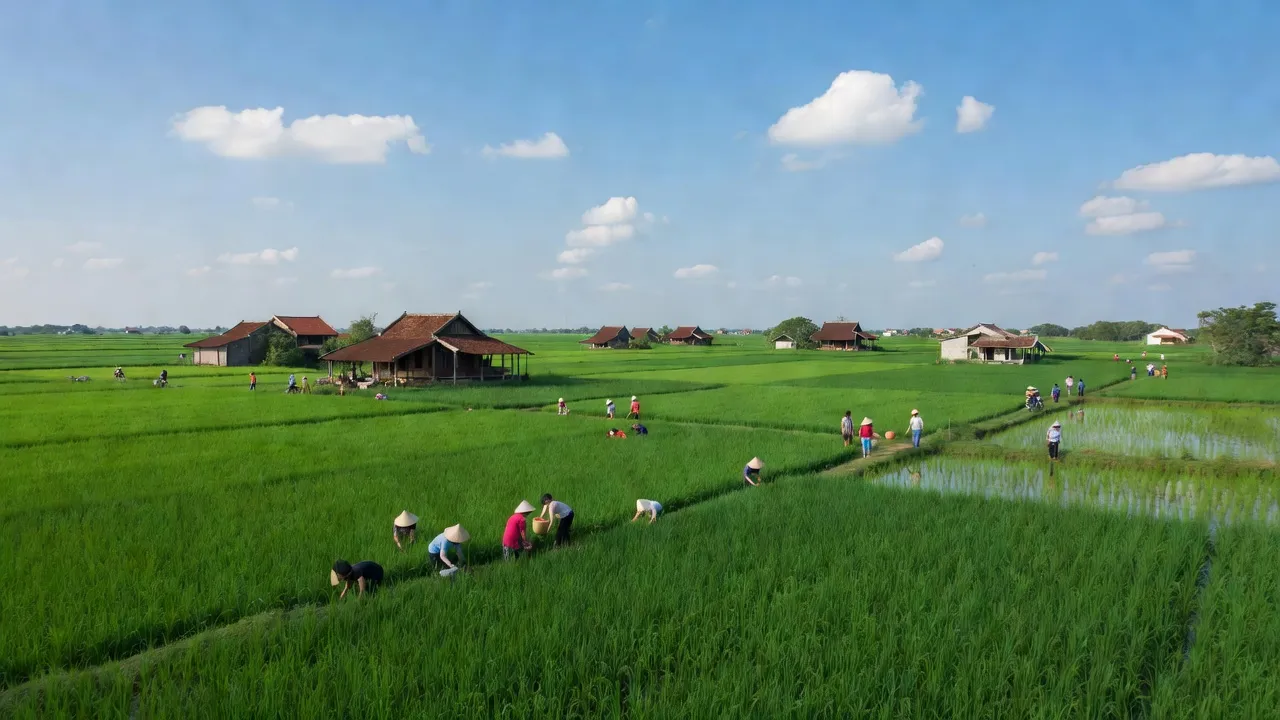 Cảnh quan xã Tân Bửu, huyện Bến Lức, tỉnh Long An với cánh đồng xanh và nhà truyền thống.