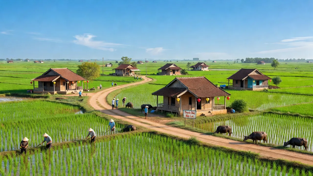Khung cảnh yên bình xã Thạnh Đức, huyện Bến Lức, tỉnh Long An với ruộng xanh và nhà truyền thống.