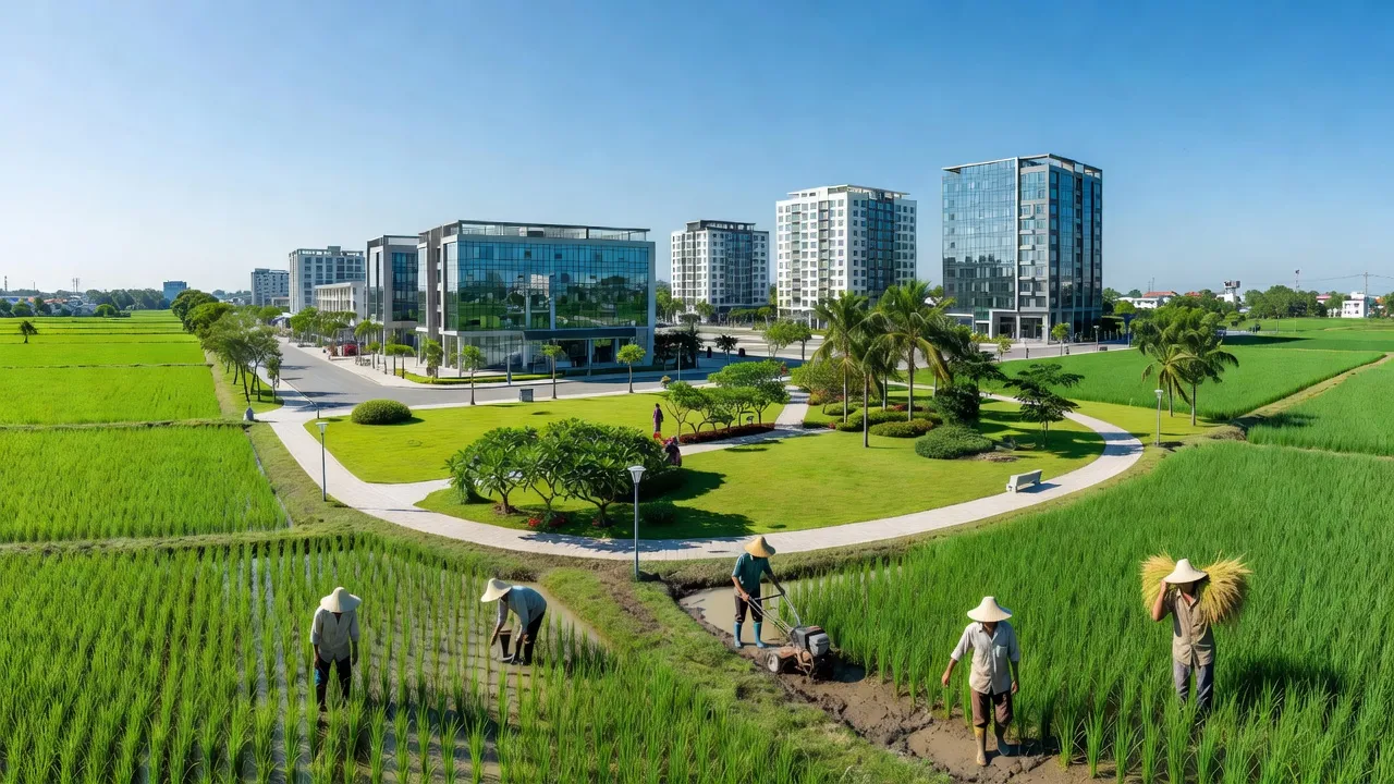 Cảnh quan phát triển đô thị xã Thanh Phú, huyện Bến Lức, tỉnh Long An, với nông dân làm việc.