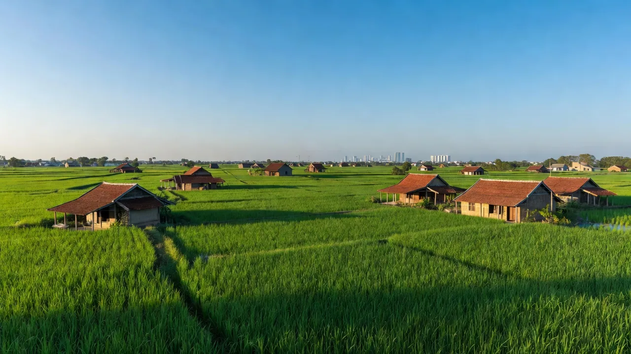 Cảnh quan huyện Cần Đước, Long An với cánh đồng lúa, nhà truyền thống và bầu trời xanh.