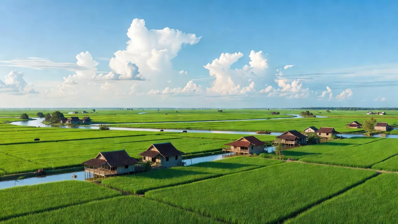 Huyện Cần Đước, Long An với cánh đồng xanh mướt và nhà truyền thống, khung cảnh tươi đẹp.