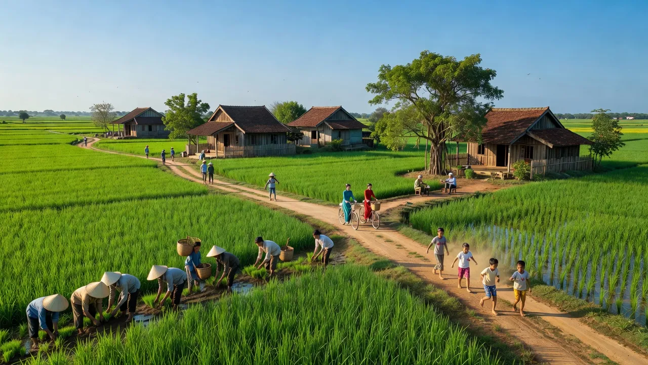 Cảnh đẹp xã Long Định, huyện Cần Đước, tỉnh Long An với đồng xanh và nhà truyền thống.