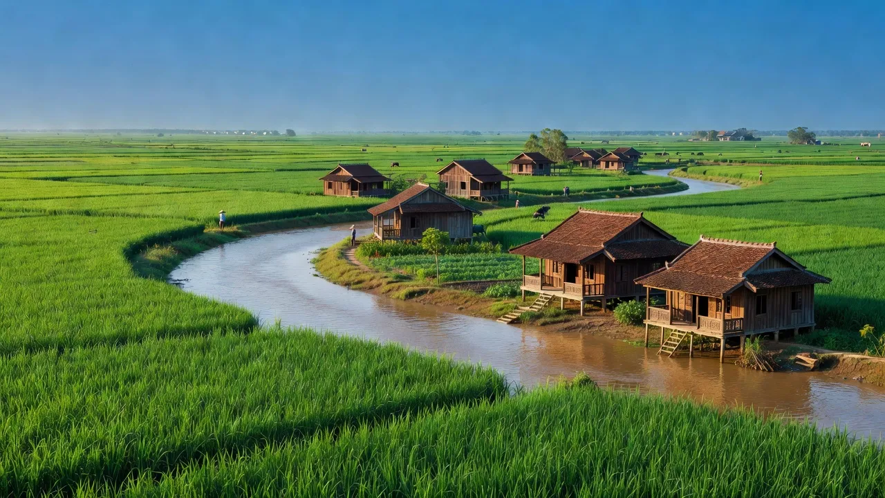 Cảnh nông thôn xã Long Định, huyện Cần Đước, Long An, cánh đồng xanh và sông uốn lượn.