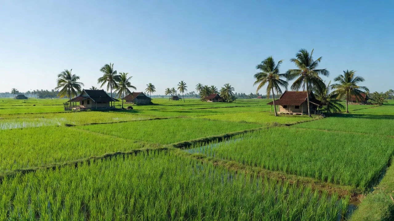 Cảnh đẹp vùng nông thôn xã Long Hòa, huyện Cần Đước, với ruộng lúa xanh tươi và trời trong xanh.