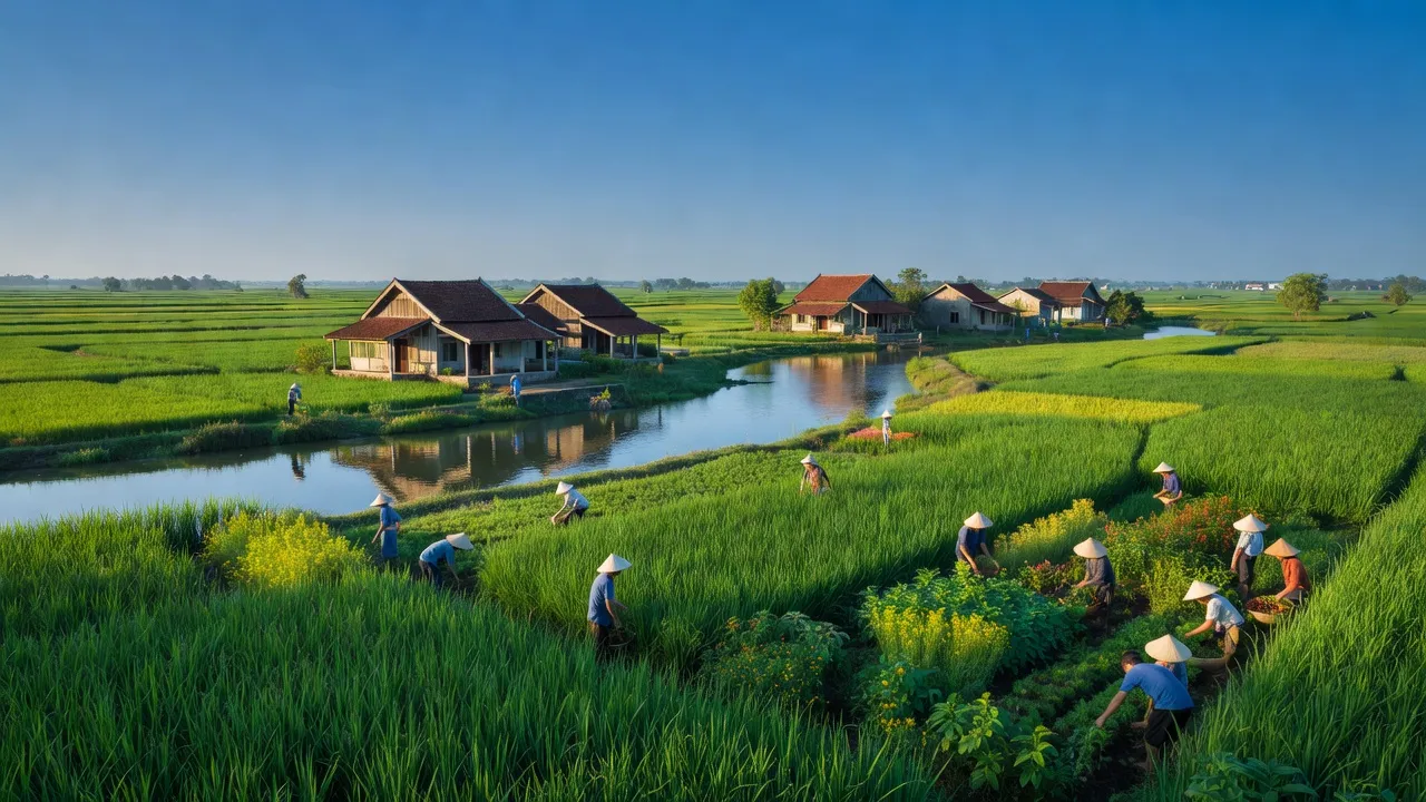 Cảnh đồng xanh tươi tại xã Long Hựu Đông, huyện Cần Đước, tỉnh Long An, với ruộng và nhà truyền thống.