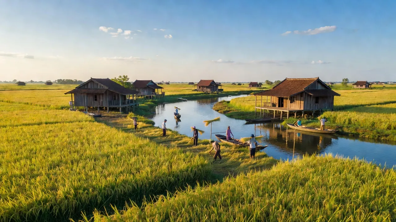 Cảnh đồng quê tại xã Long Khê, huyện Cần Đước, tỉnh Long An với ruộng bậc thang và nhà truyền thống.