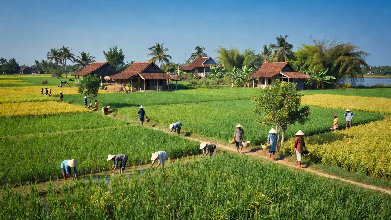 Khung cảnh bình dị của xã Long Trạch, Huyện Cần Đước, với cánh đồng lúa và nhà truyền thống.