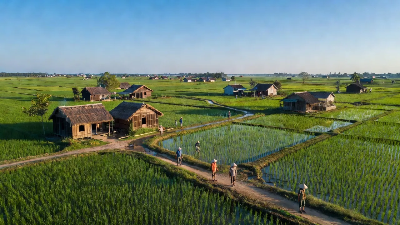 Khung cảnh đẹp của xã Phước Đông, huyện Cần Đước, tỉnh Long An với đồng xanh và nhà cửa.