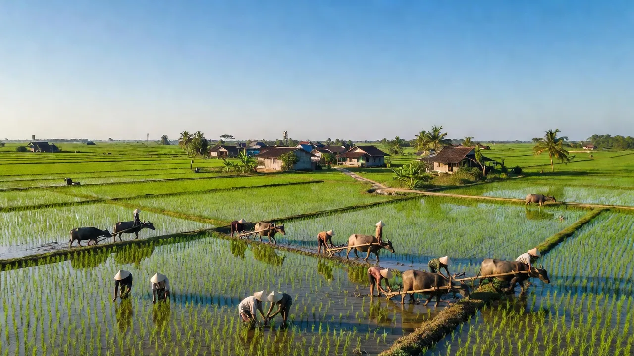 Khung cảnh xanh tươi tại xã Phước Đông, huyện Cần Đước, tỉnh Long An với cánh đồng lúa.