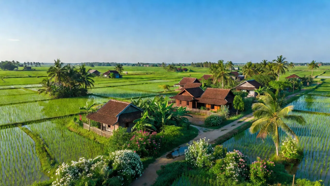 Cảnh đồng xanh mướt ở xã Phước Tuy, huyện Cần Đước, tỉnh Long An, với nhà truyền thống.