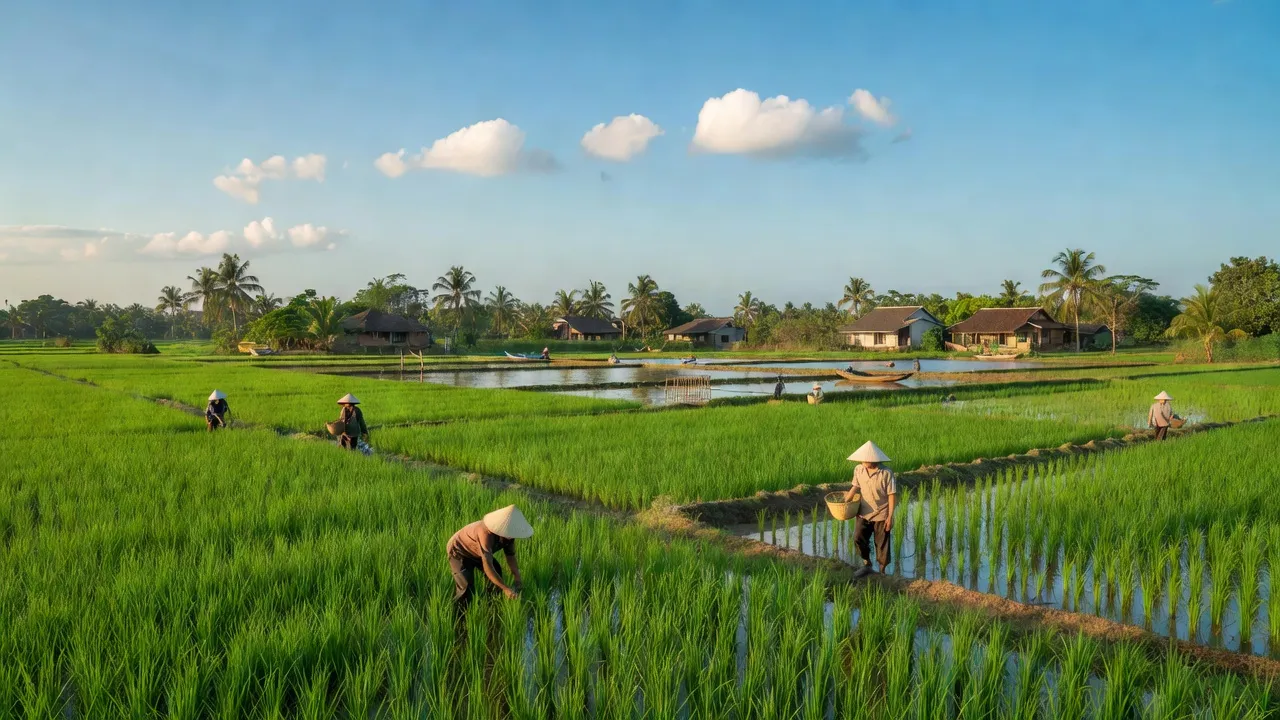 Cảnh quan nông thôn xã Phước Vân, huyện Cần Đước, tỉnh Long An, với cánh đồng xanh và người nông dân.