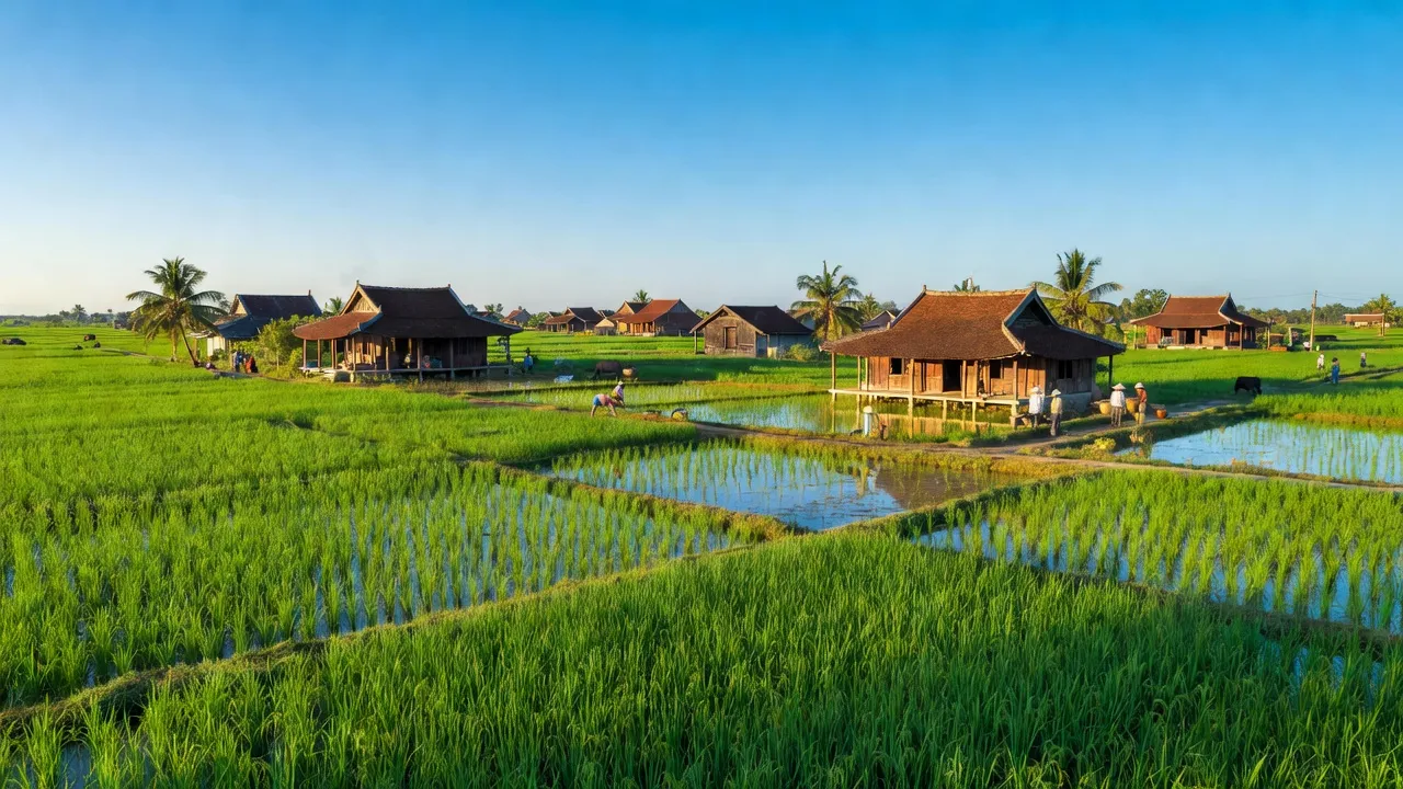 Cảnh quan xã Tân Ân, huyện Cần Đước, tỉnh Long An với ruộng lúa xanh tươi, nhà truyền thống.