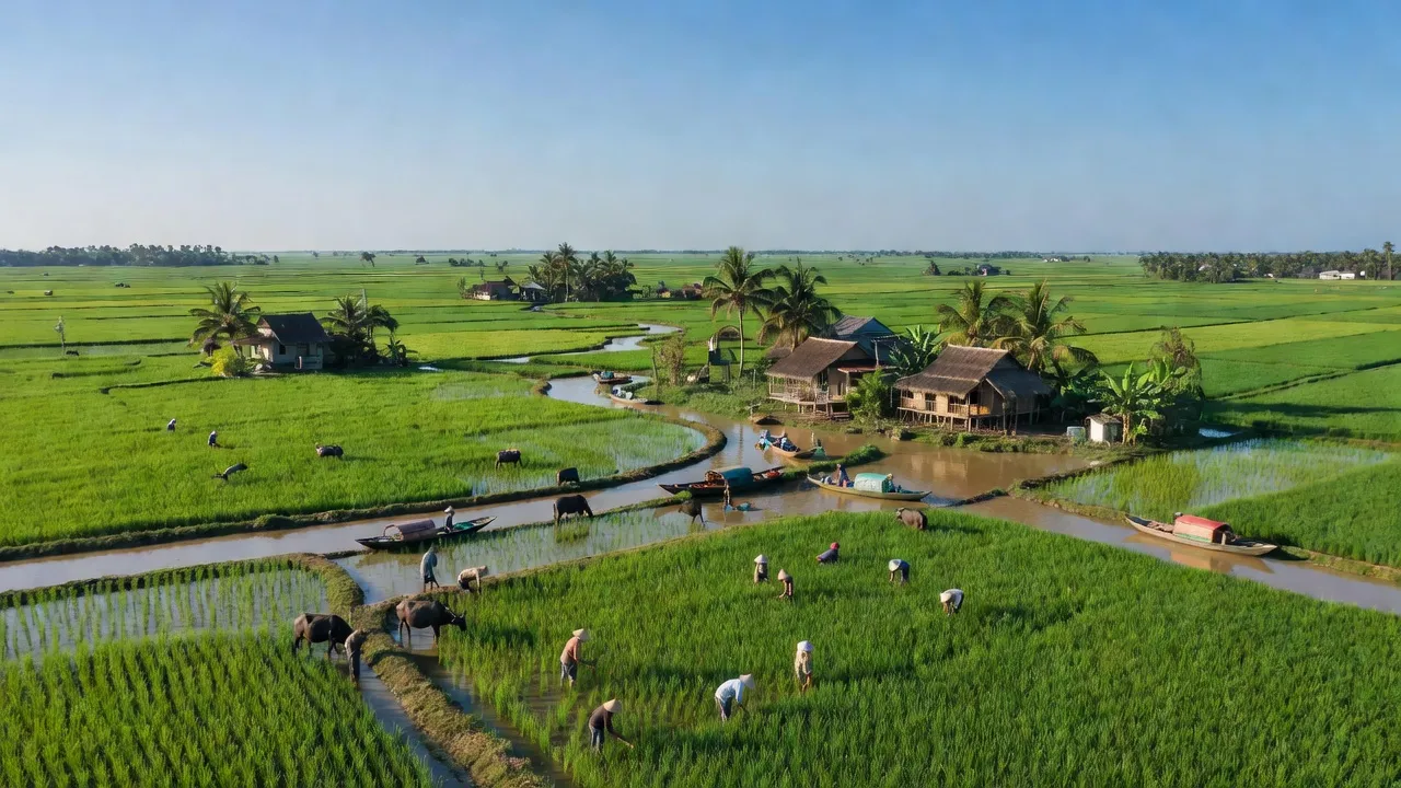 Cảnh quan xã Tân Chánh, huyện Cần Đước, Long An với ruộng lúa và kênh rạch xanh mát.