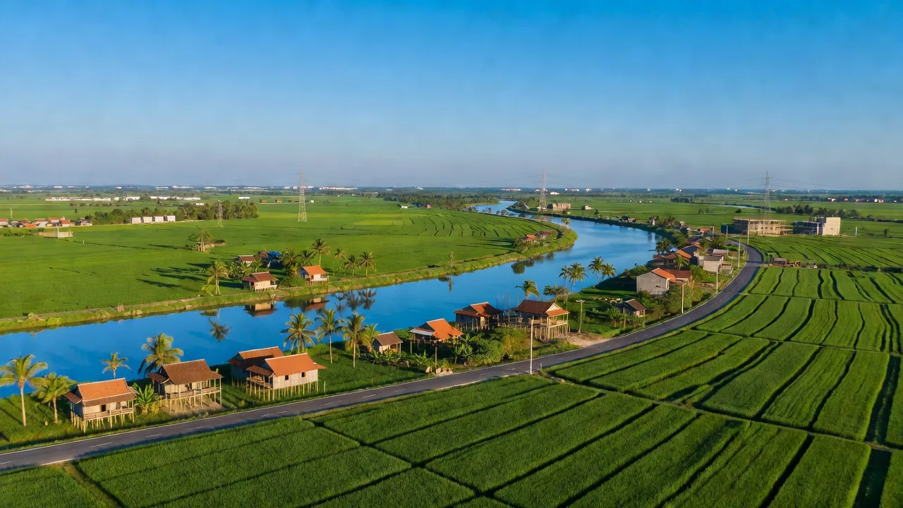 Cảnh đồng lúa và sông tại xã Tân Trạch, huyện Cần Đước, tỉnh Long An, Việt Nam.