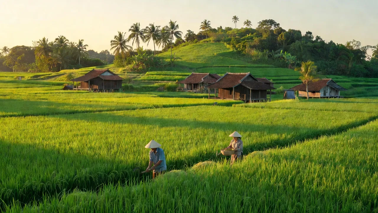 Hình ảnh xã Tân Trạch, huyện Cần Đước, Long An với cánh đồng xanh mát và nhà truyền thống.