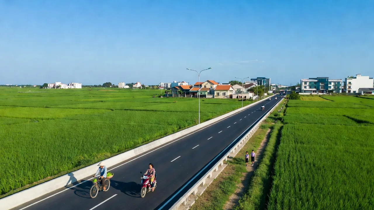 Cảnh quan huyện Cần Giuộc, Long An với cánh đồng, đường phố và bầu trời trong xanh. Green fields and urban roads in Can Giuoc.