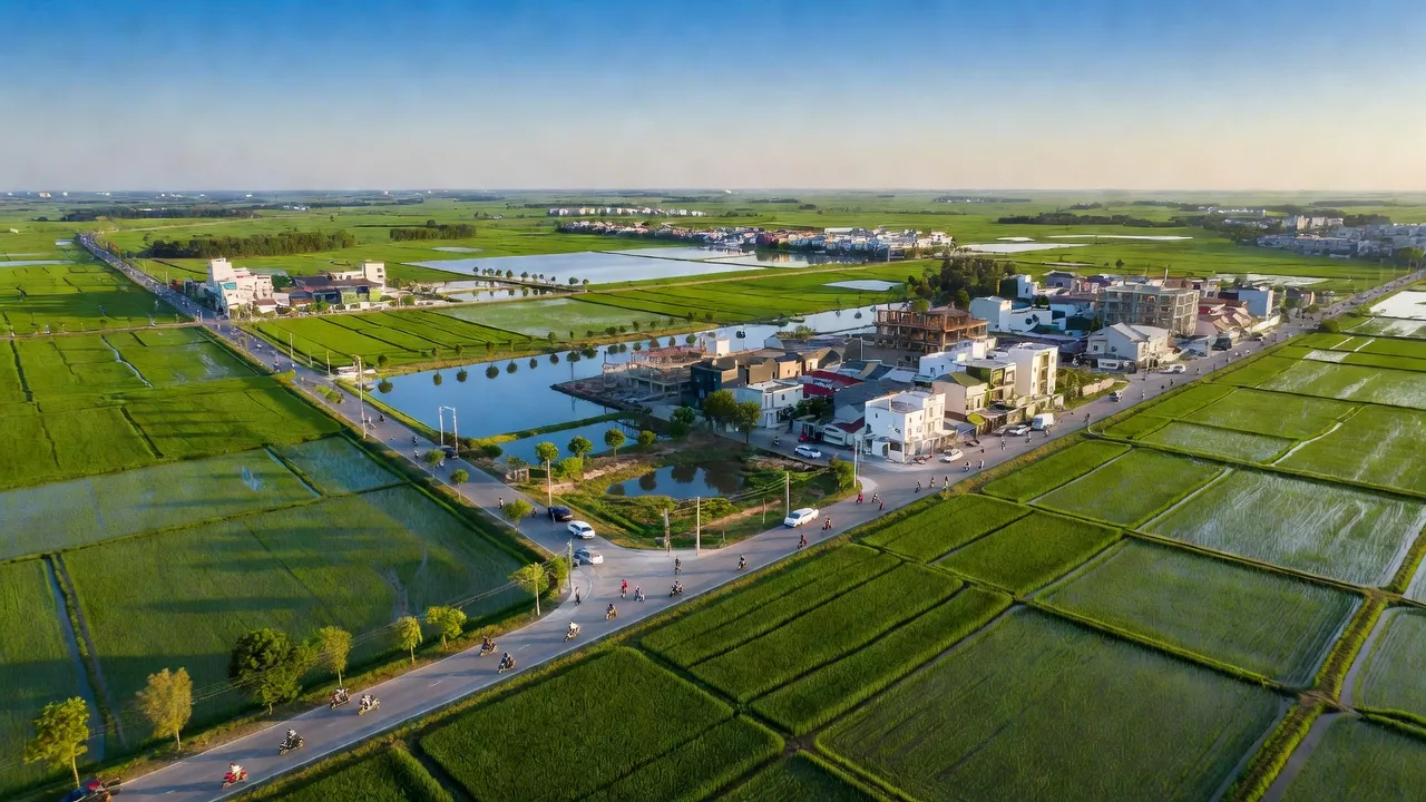 Cảnh quan huyện Cần Giuộc, Long An với cánh đồng và sự phát triển đô thị hóa, ấm áp ánh nắng.