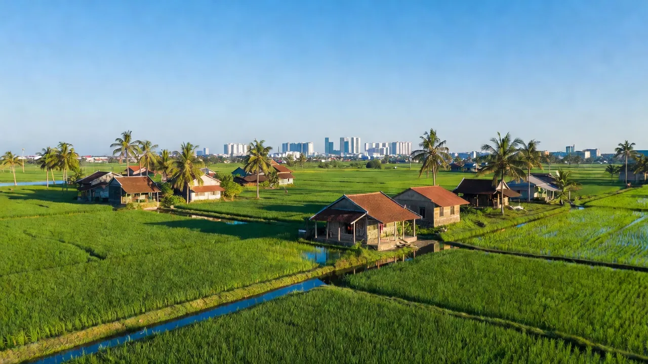 Cảnh quan xã Đông Thạnh, huyện Cần Giuộc, Long An với các cánh đồng và nhà truyền thống.