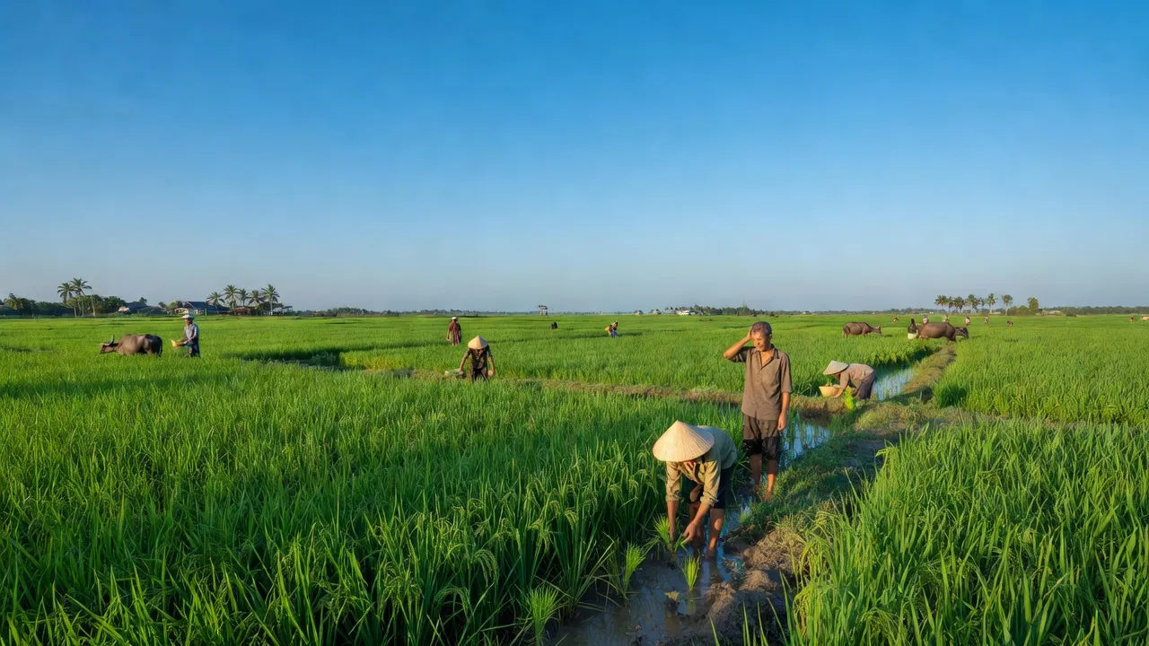 Cánh đồng lúa xanh tươi ở xã Long Phụng, huyện Cần Giuộc, tỉnh Long An, với người nông dân làm việc.