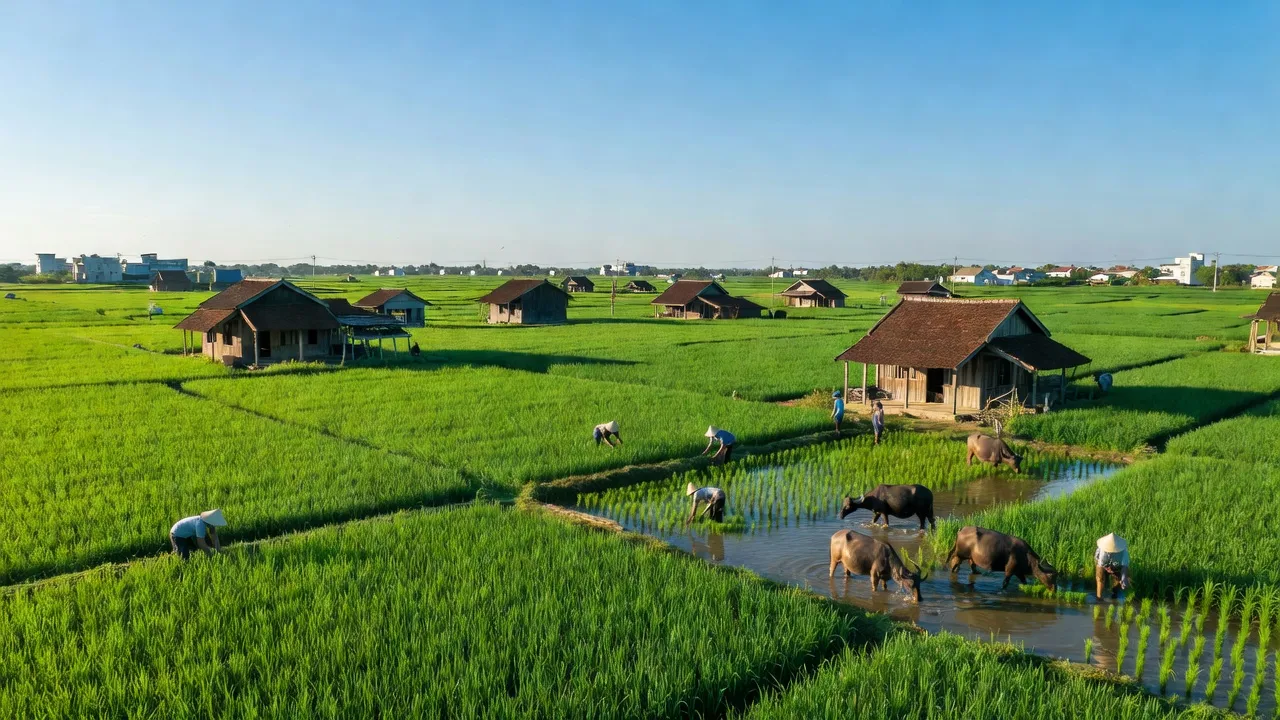 Khung cảnh yên bình xã Long Thượng, huyện Cần Giuộc, tỉnh Long An, với cánh đồng lúa xanh và nhà truyền thống.