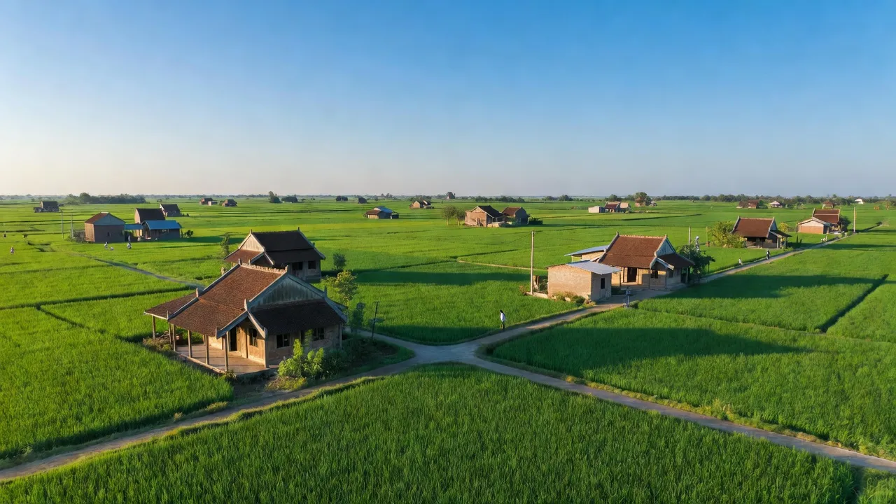 Cảnh đẹp xã Phước Hậu, huyện Cần Giuộc, Long An với cánh đồng xanh và nhà truyền thống.