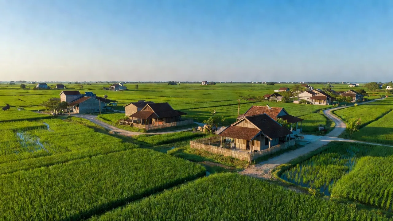 Khung cảnh xã Phước Hậu, huyện Cần Giuộc, Long An với cánh đồng xanh và nhà truyền thống.