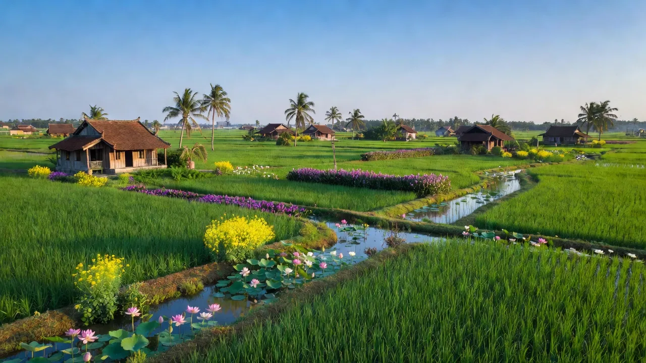 Cảnh sắc thiên nhiên xã Phước Lại, huyện Cần Giuộc, Long An với cánh đồng xanh tươi.