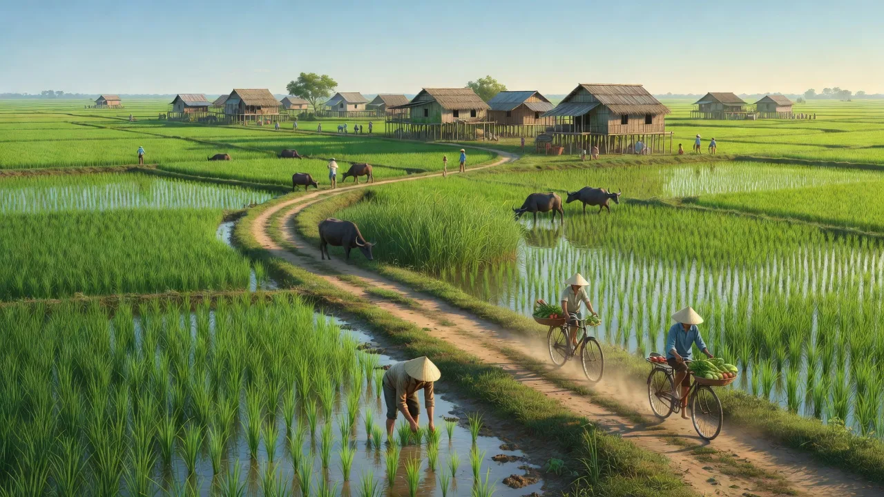 Cảnh đẹp xã Phước Lý, huyện Cần Giuộc, tỉnh Long An với cánh đồng xanh và bầu trời trong sáng.