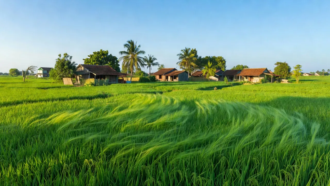 Khung cảnh yên bình ở xã Phước Vĩnh Tây, huyện Cần Giuộc, Long An với cánh đồng xanh tươi.