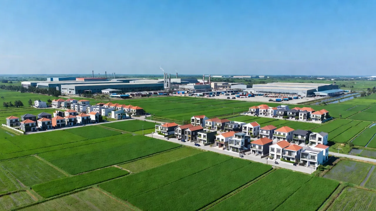 Khung cảnh xã Tân Tập, huyện Cần Giuộc, Long An với sự phát triển hiện đại và đồng ruộng xanh tươi.