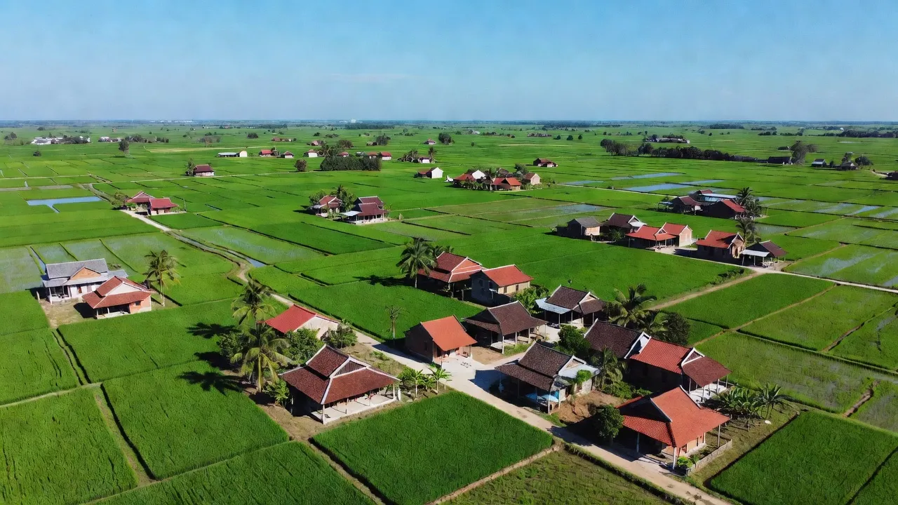 Cảnh đồng xanh và nhà truyền thống tại xã Thuận Thành, huyện Cần Giuộc, tỉnh Long An, Việt Nam.
