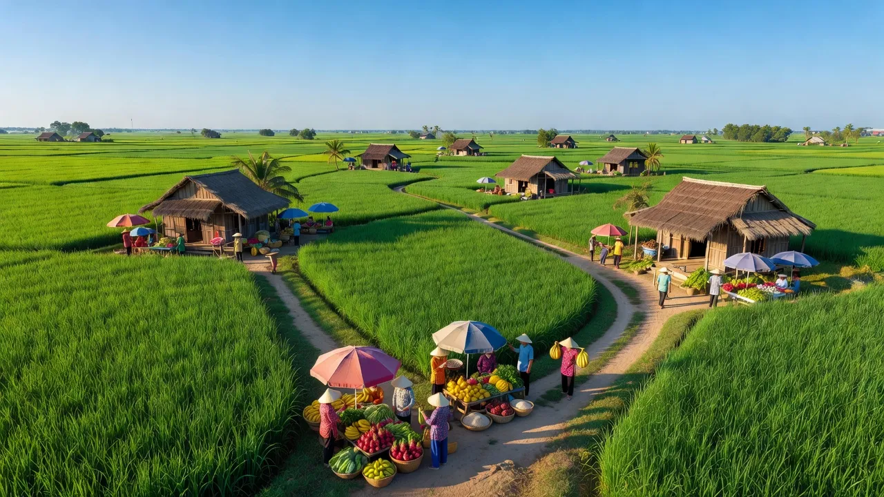 Khung cảnh xã Thuận Thành, huyện Cần Giuộc, tỉnh Long An với cánh đồng xanh mướt và nhà truyền thống.