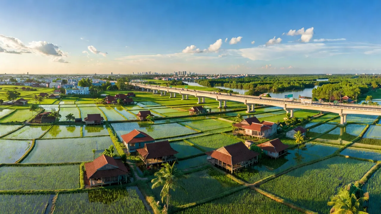 Cảnh đẹp huyện Châu Thành, Long An với cảnh đồng ruộng và hạ tầng hiện đại.