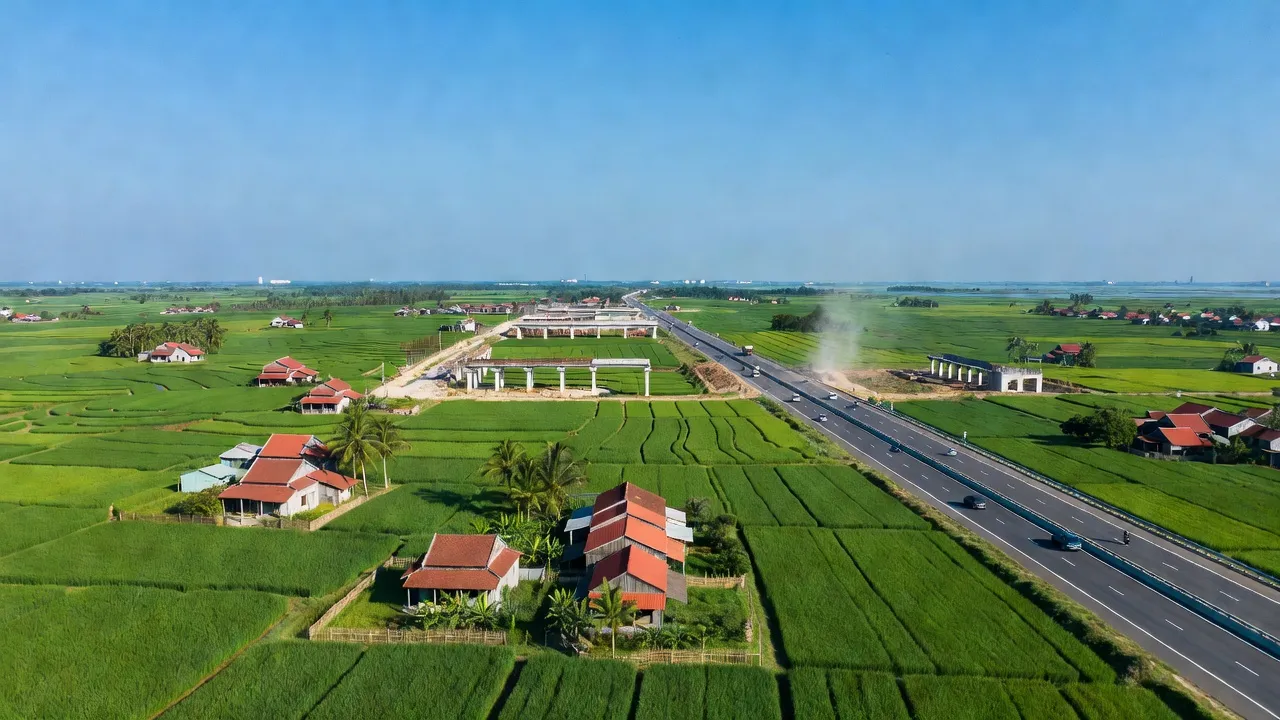 Khung cảnh huyện Châu Thành, Long An với đồng ruộng và phát triển hạ tầng hiện đại.
