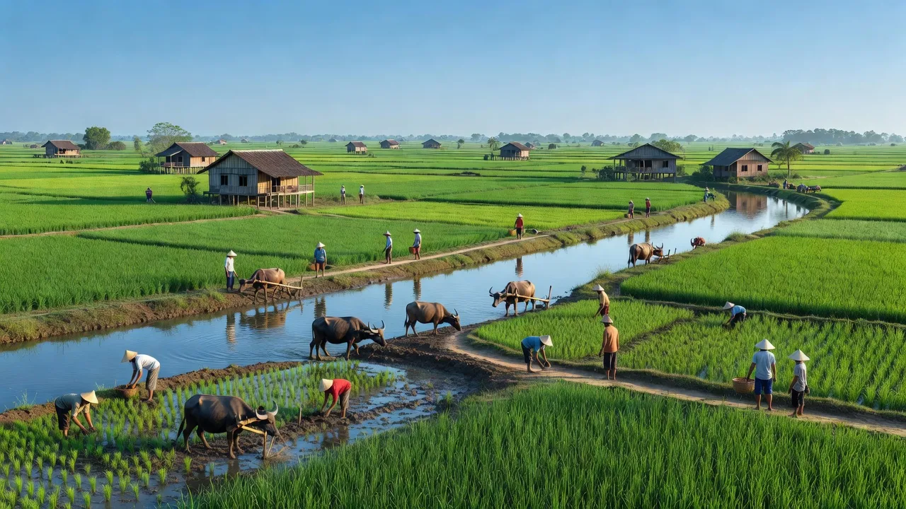 Cảnh đẹp xã An Lục Long, huyện Châu Thành, tỉnh Long An với cánh đồng lúa và sông Vàm Cỏ.