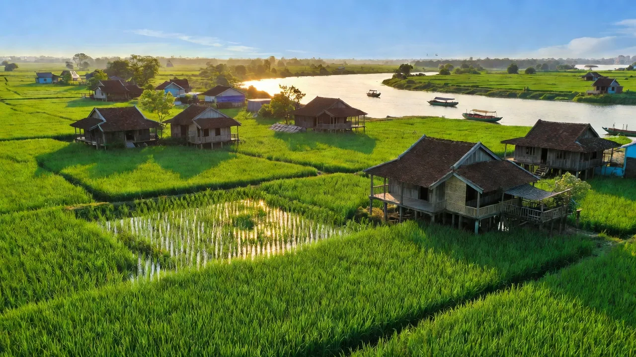 Cảnh đồng lúa xanh mướt, nhà truyền thống, và sông Vàm Cỏ tại An Lục Long, Long An.