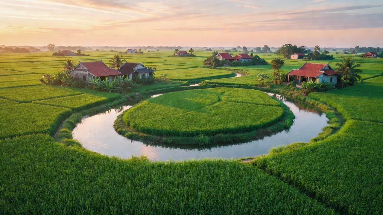 Cảnh đẹp xã Bình Quới, huyện Châu Thành, Long An với cánh đồng xanh và dòng sông thanh bình.