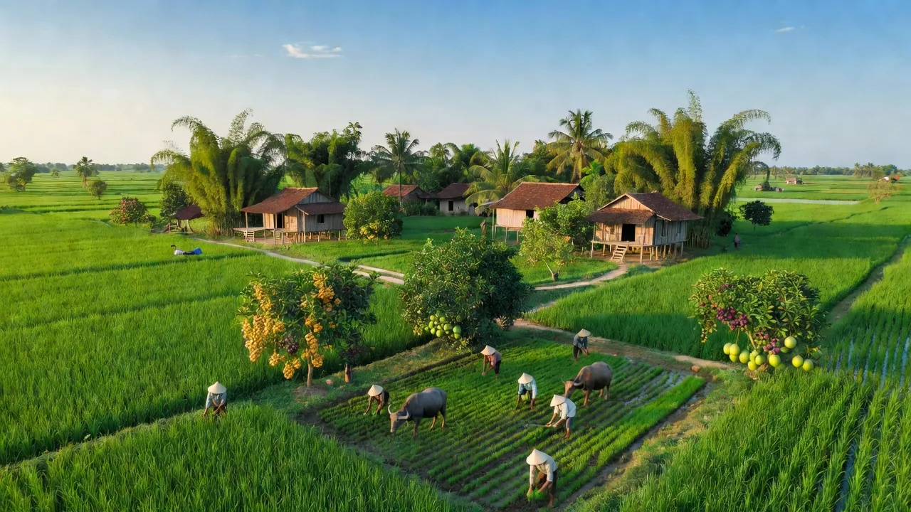 Cảnh đồng xanh tươi ở xã Dương Xuân Hội, huyện Châu Thành, Long An, với người dân làm nông nghiệp.