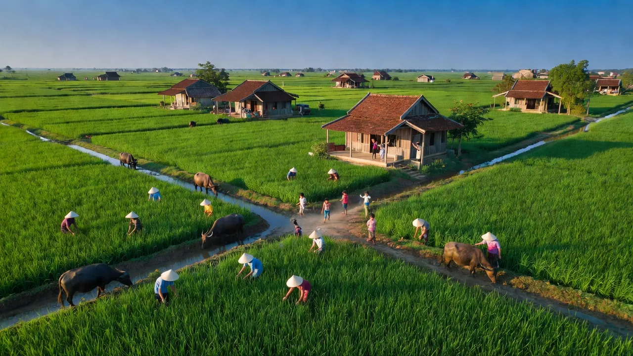 Khung cảnh xã Hiệp Thạnh, huyện Châu Thành, tỉnh Long An với cánh đồng xanh và nhà truyền thống.